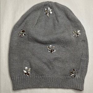 Betsy Johnson Grey Knit Jewel Rhinestone Embellished Beanie Hat One Size
